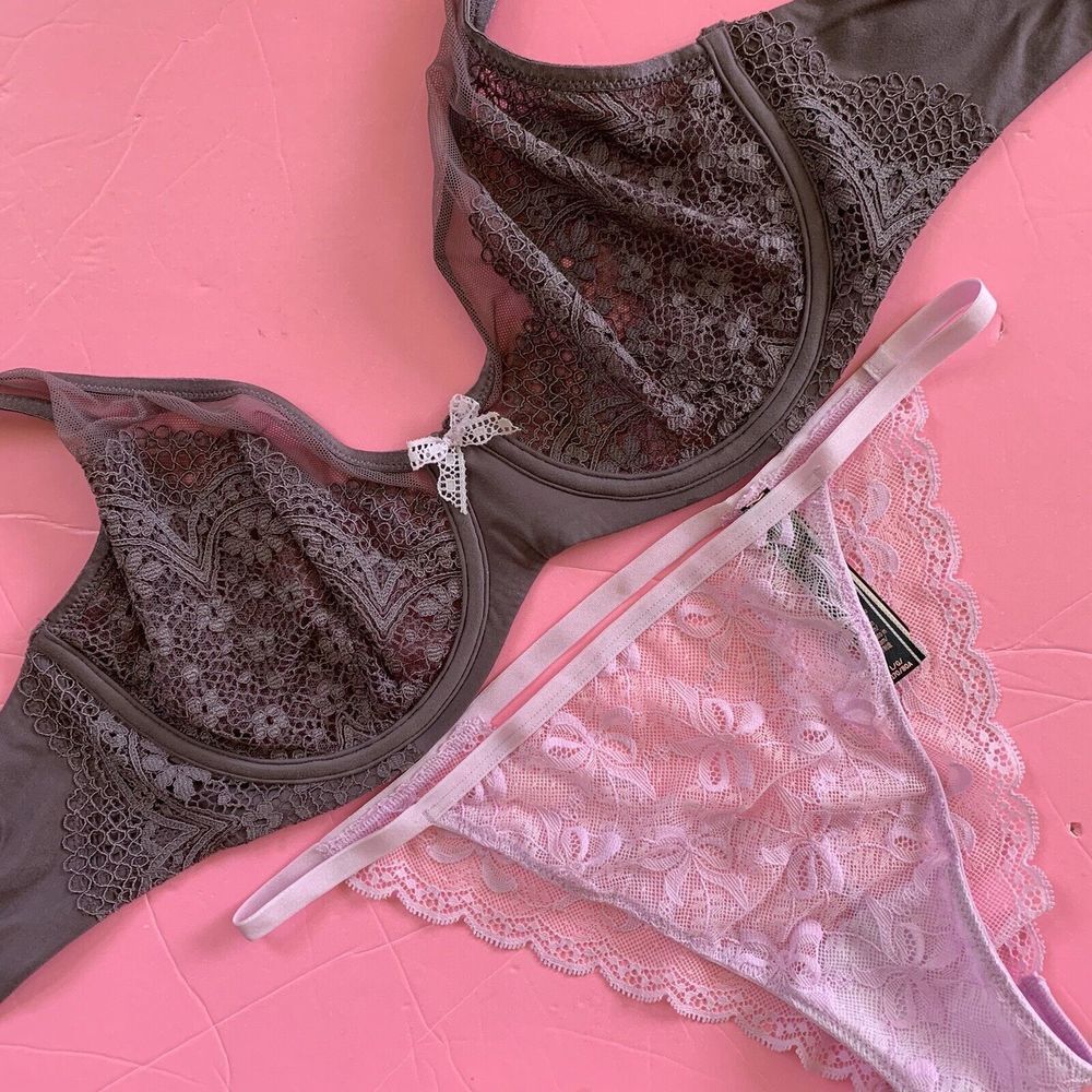Victoria's Secret unlined 34DDD BRA SET L panty TAUPE gray lilac pink Bow lace